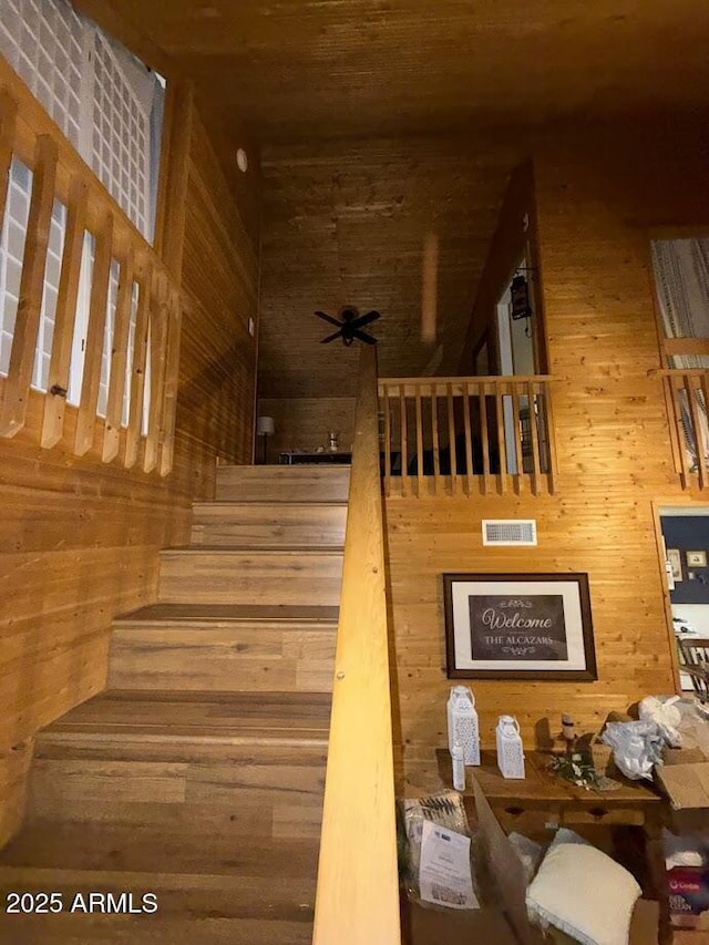 691 N Pyle Ranch Rd, Payson, AZ 85541 - stairway featuring wooden walls and a ceiling fan