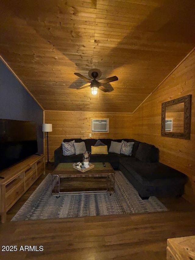 691 N Pyle Ranch Rd, Payson, AZ 85541 - living area with wooden ceiling, vaulted ceiling, a ceiling fan, a wall mounted air conditioner, and wood finished floors
