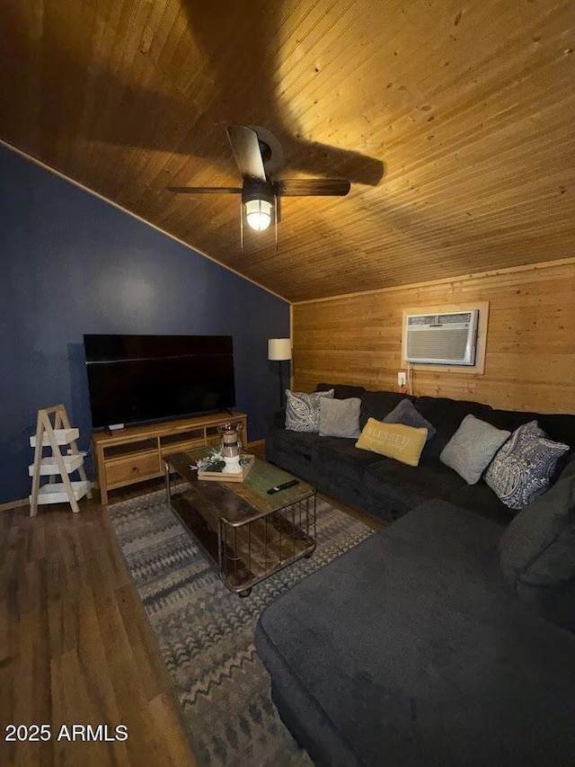 691 N Pyle Ranch Rd, Payson, AZ 85541 - living area with wood ceiling, a wall unit AC, ceiling fan, wood finished floors, and wooden walls