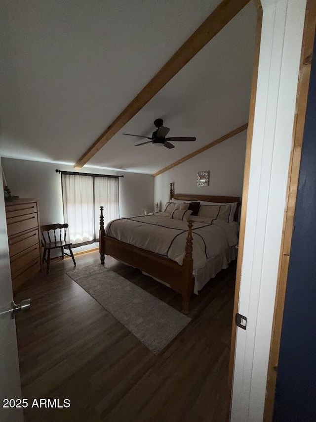 691 N Pyle Ranch Rd, Payson, AZ 85541 - bedroom featuring beam ceiling, wood finished floors, and a ceiling fan