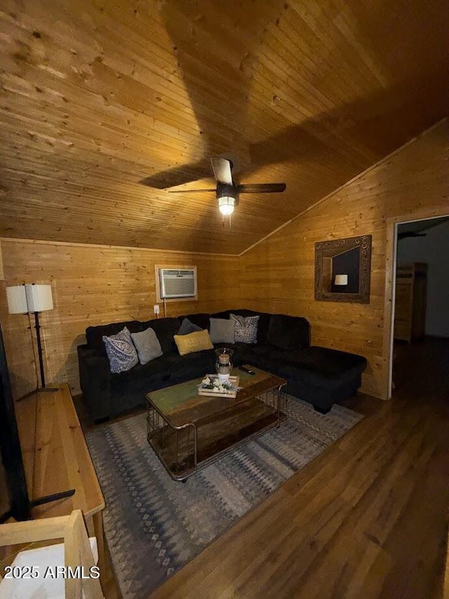 691 N Pyle Ranch Rd, Payson, AZ 85541 - living area featuring vaulted ceiling, ceiling fan, wood walls, wood finished floors, and wood ceiling