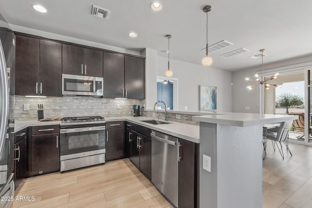 kitchen with a peninsula, visible vents, appliances with stainless steel finishes, and a sink