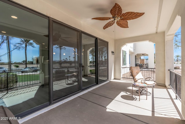 balcony with a ceiling fan