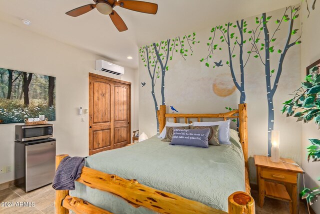 bedroom featuring light tile patterned floors, multiple windows, and ceiling fan