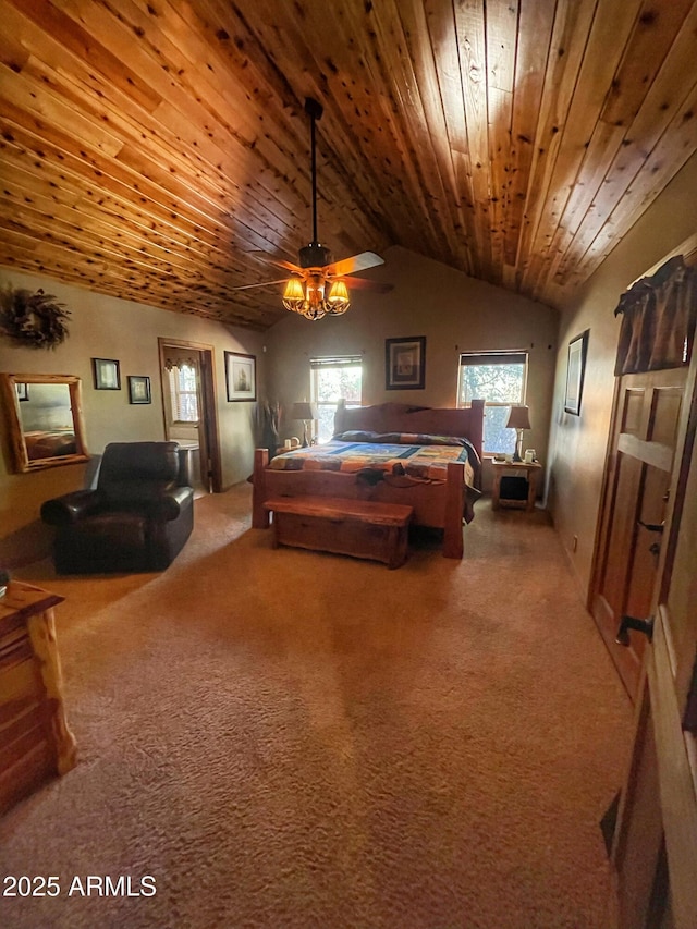 carpeted bedroom featuring wood ceiling and vaulted ceiling