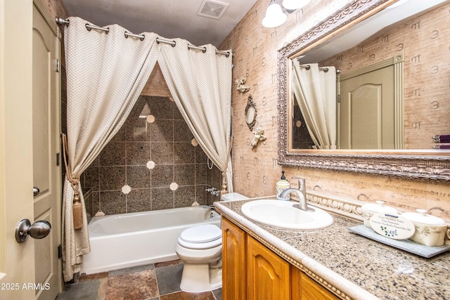 6334 E Albany St, Mesa, AZ 85205 - bathroom with vanity, toilet, and shower / bath combination with curtain