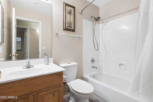 bathroom with shower / bath combo, visible vents, toilet, and vanity