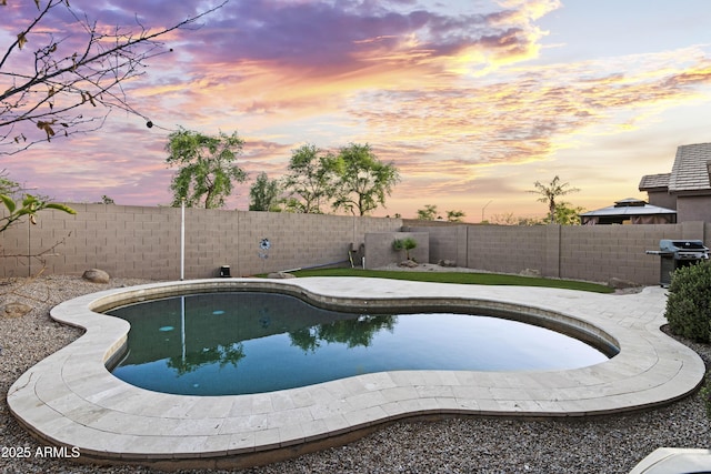 view of pool with grilling area, a fenced in pool, and a fenced backyard