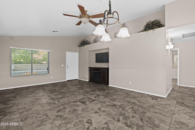 unfurnished living room featuring visible vents, ceiling fan, high vaulted ceiling, and baseboards