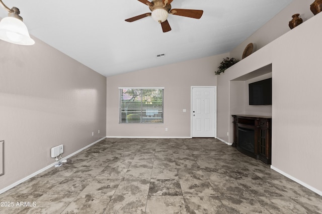 unfurnished living room with baseboards, a ceiling fan, and vaulted ceiling