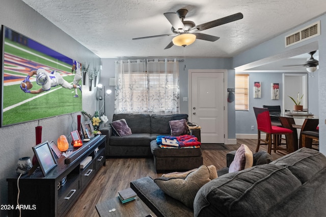 living room with a textured ceiling and dark hardwood / wood-style floors