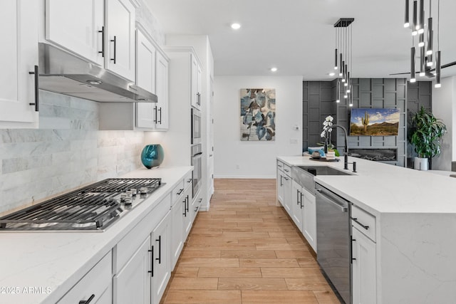 kitchen featuring a sink, stainless steel appliances, white cabinetry, and under cabinet range hood