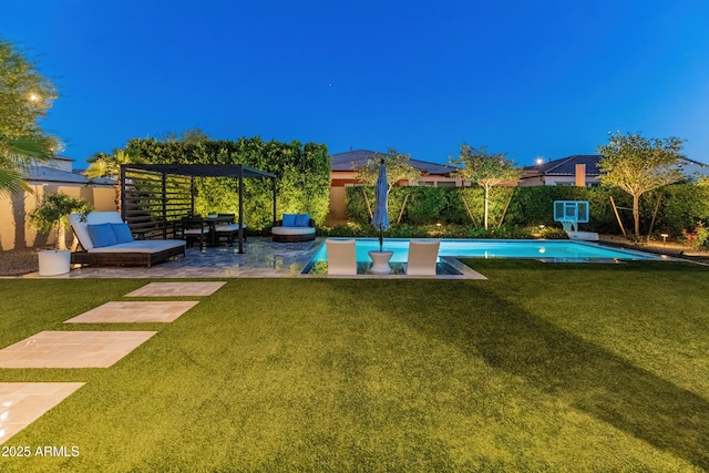 view of pool featuring a pergola, a patio, a fenced backyard, a fenced in pool, and a lawn