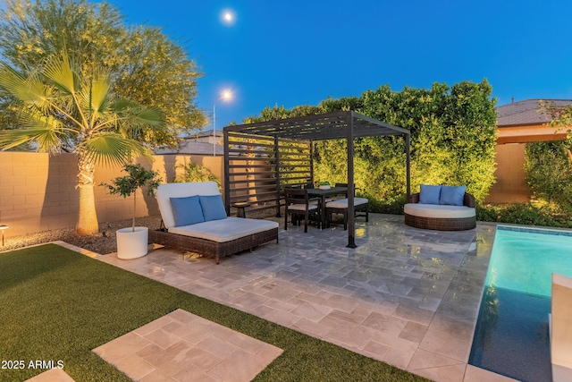 view of patio featuring a fenced in pool, a fenced backyard, a pergola, and outdoor dining space