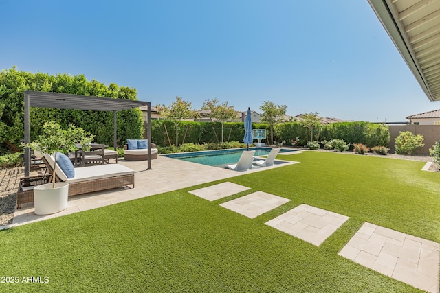 view of pool with a lawn, a patio area, a fenced in pool, a fenced backyard, and an outdoor hangout area