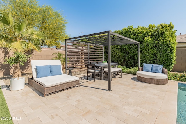 view of patio / terrace featuring a pergola, fence, and outdoor dining area