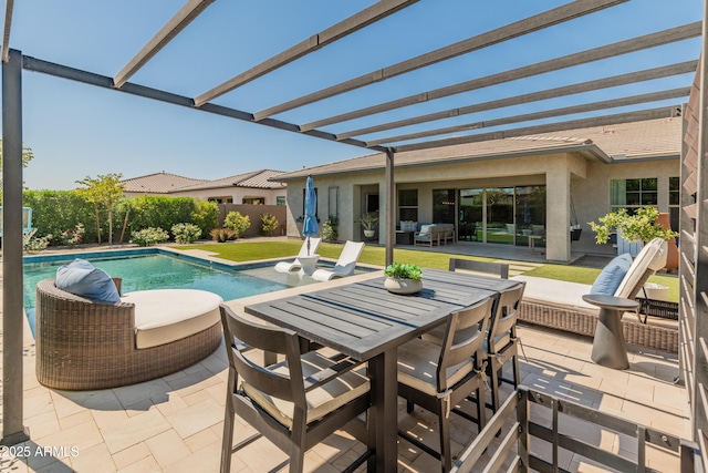 view of pool featuring a fenced in pool, a pergola, outdoor dining space, and a patio