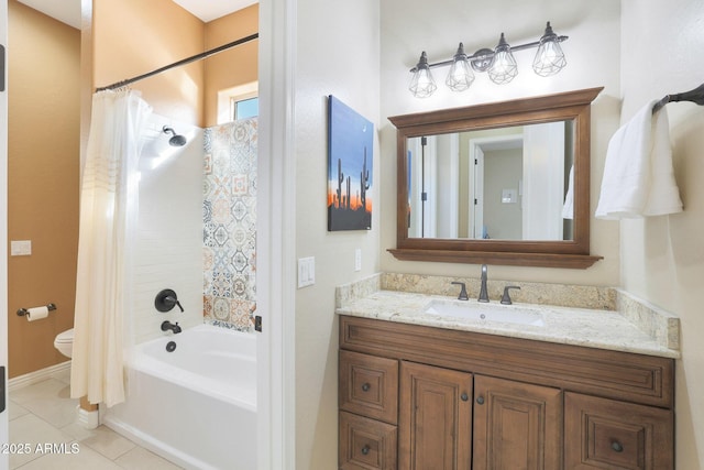 full bathroom with shower / tub combo, vanity, toilet, and tile patterned floors