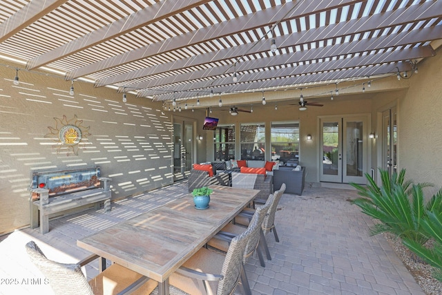 view of patio / terrace featuring a pergola, an outdoor hangout area, and ceiling fan