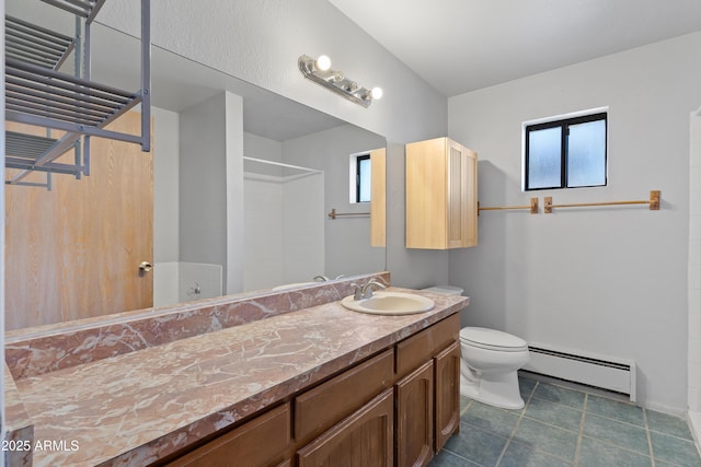 full bathroom featuring a shower, toilet, a baseboard radiator, tile patterned floors, and vanity