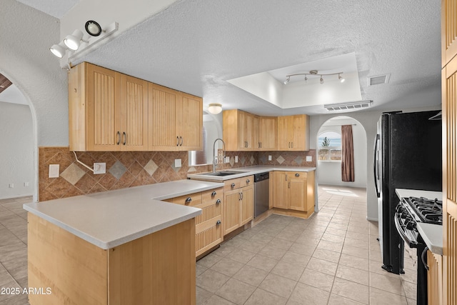 kitchen with arched walkways, a sink, black range with gas stovetop, dishwasher, and a tray ceiling