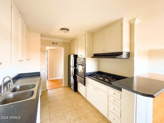 kitchen featuring a textured ceiling, stainless steel appliances, light hardwood / wood-style floors, sink, and ornamental molding