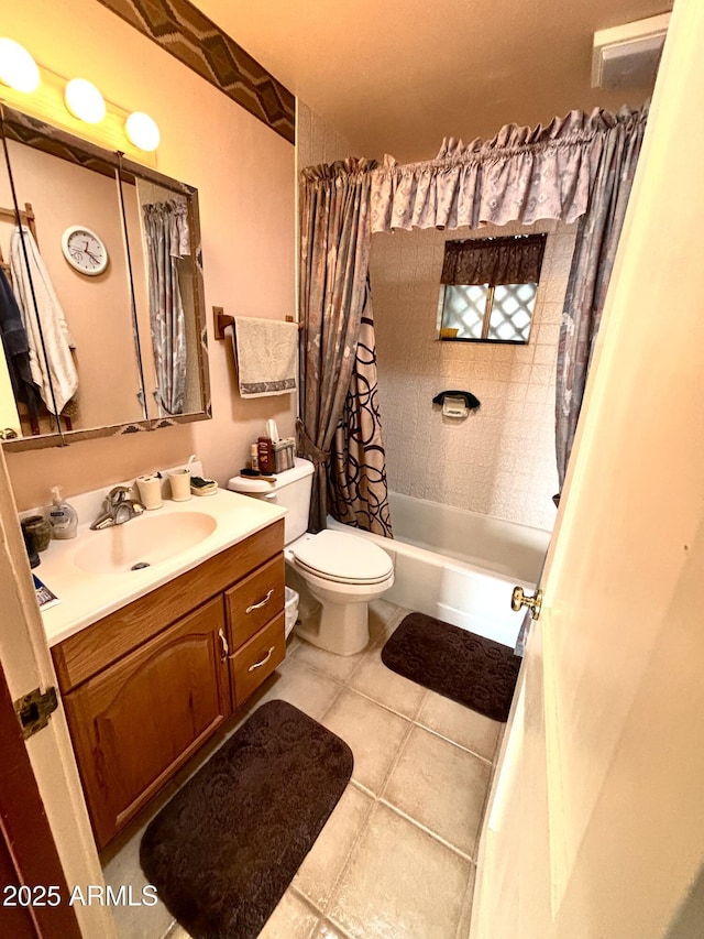 bathroom with shower / tub combo, tile patterned flooring, vanity, and toilet