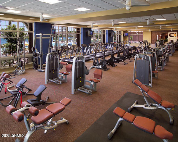 exercise room featuring a drop ceiling