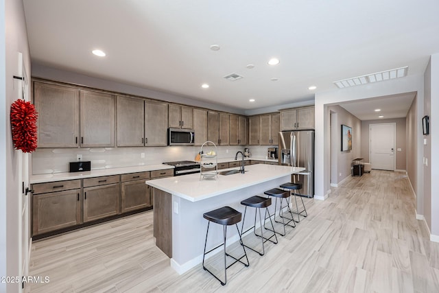 kitchen with a breakfast bar, an island with sink, light countertops, appliances with stainless steel finishes, and a sink