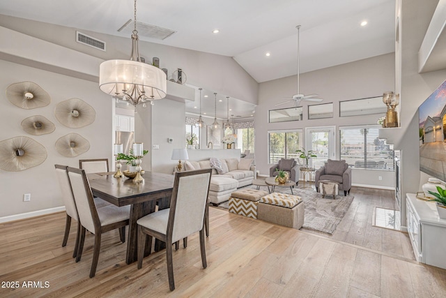 21474 N 56th Ave, Glendale, AZ 85308 - dining space featuring light wood-type flooring, baseboards, visible vents, high vaulted ceiling, and ceiling fan with notable chandelier