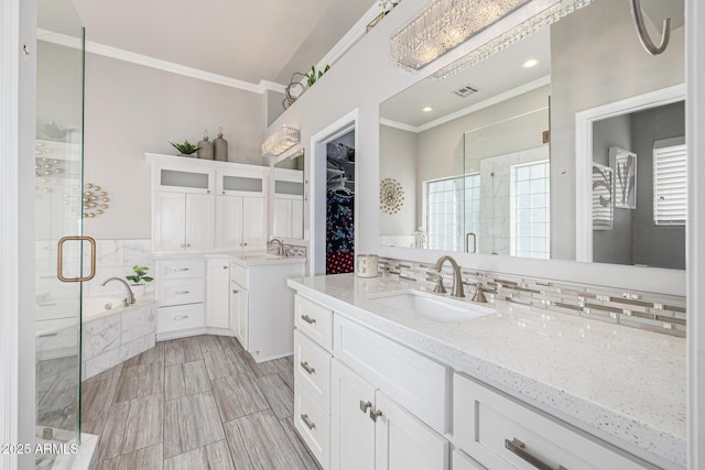 21474 N 56th Ave, Glendale, AZ 85308 - bathroom featuring visible vents, ornamental molding, a sink, and a stall shower