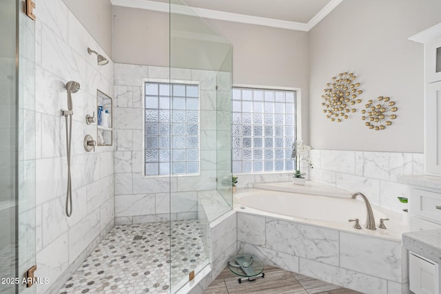 21474 N 56th Ave, Glendale, AZ 85308 - bathroom featuring ornamental molding, a bath, tiled shower, and vanity