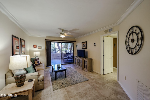 tiled living room featuring crown molding and ceiling fan