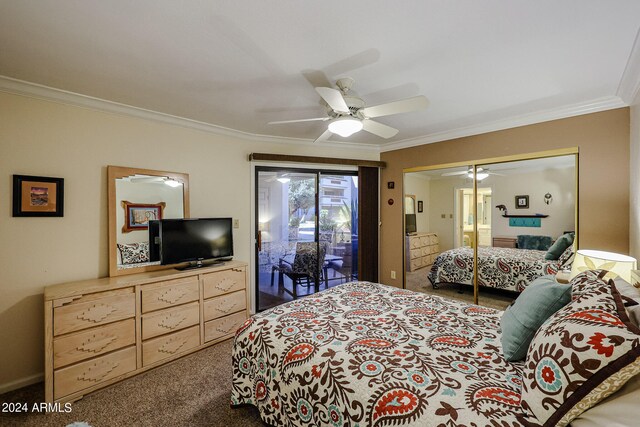 carpeted bedroom with a closet, ceiling fan, access to outside, and ornamental molding