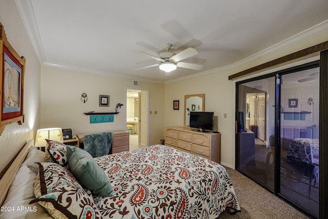 bedroom featuring carpet floors, ceiling fan, and ornamental molding