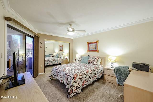 bedroom featuring ornamental molding, carpet, and ceiling fan