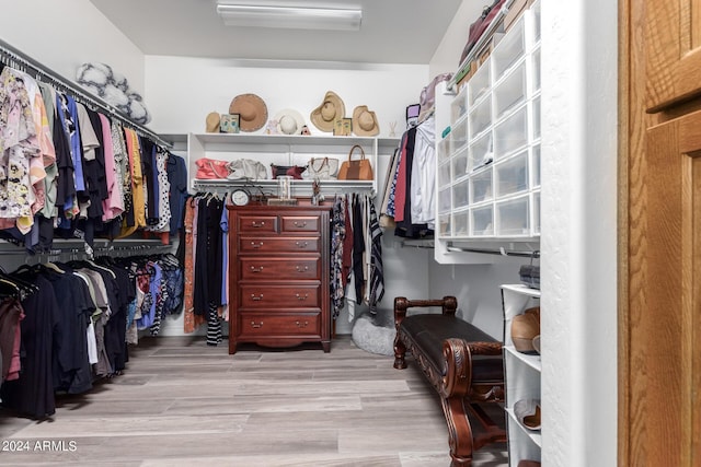 walk in closet with light hardwood / wood-style floors