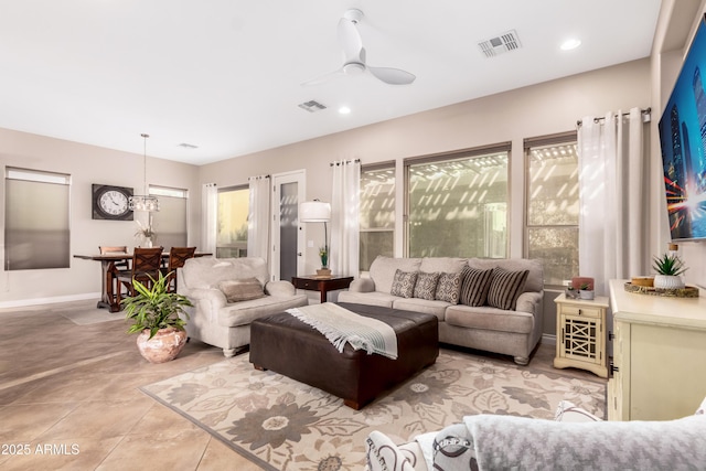 living room with ceiling fan