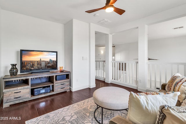 21167 E Aspen Valley Dr, Queen Creek, AZ 85142 - living room featuring a ceiling fan, wood finished floors, and baseboards