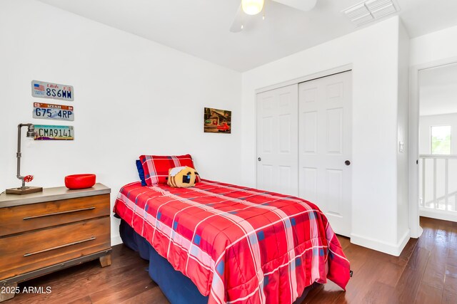 21167 E Aspen Valley Dr, Queen Creek, AZ 85142 - bedroom featuring wood finished floors, a closet, baseboards, and ceiling fan