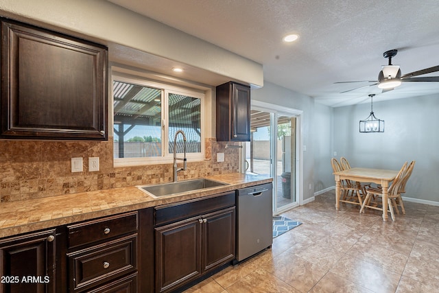 215 S 132nd St, Chandler, AZ 85225 - kitchen featuring dishwasher, dark brown cabinets, backsplash, a ceiling fan, and recessed lighting