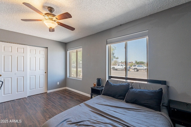 215 S 132nd St, Chandler, AZ 85225 - bedroom with a textured ceiling, wood finished floors, ceiling fan, and a closet
