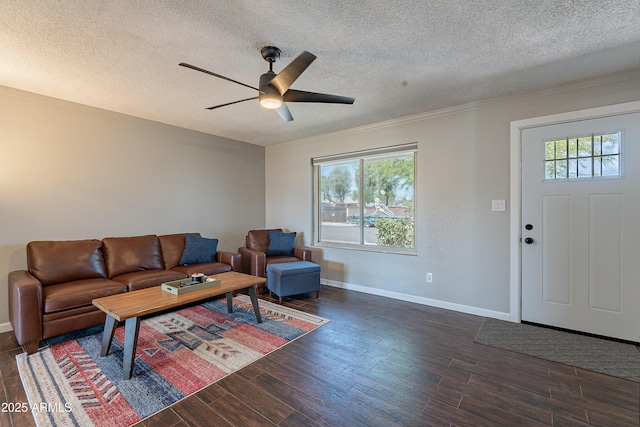 215 S 132nd St, Chandler, AZ 85225 - living room with ceiling fan, a textured ceiling, dark wood-style flooring, and crown molding