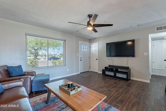 215 S 132nd St, Chandler, AZ 85225 - living area with ceiling fan, a textured ceiling, dark wood-style flooring, and ornamental molding