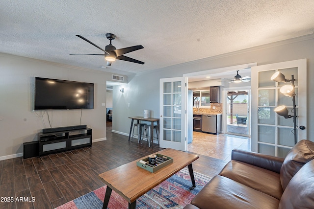 215 S 132nd St, Chandler, AZ 85225 - living room featuring french doors, ceiling fan, ornamental molding, wood finished floors, and a textured ceiling