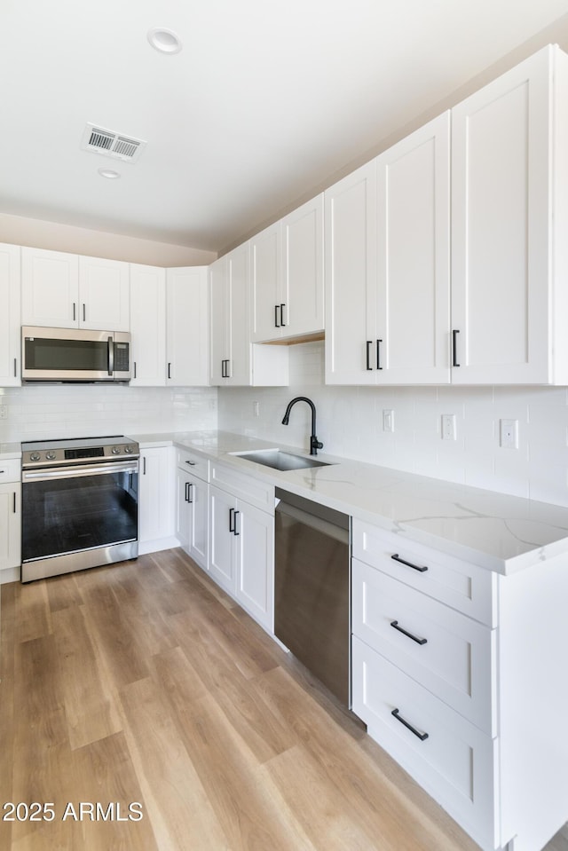 kitchen with sink, backsplash, white cabinetry, light wood-type flooring, and stainless steel appliances