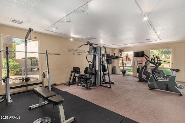 workout area featuring rail lighting and a textured ceiling