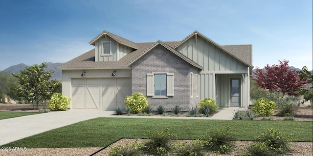 view of front facade with driveway, board and batten siding, a front lawn, a garage, and brick siding
