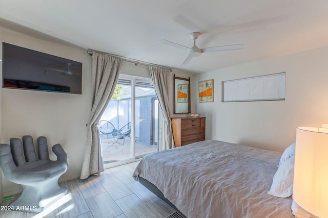 bedroom featuring access to exterior and ceiling fan