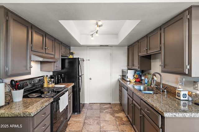 kitchen with a raised ceiling, stone counters, under cabinet range hood, black range with electric cooktop, and a sink